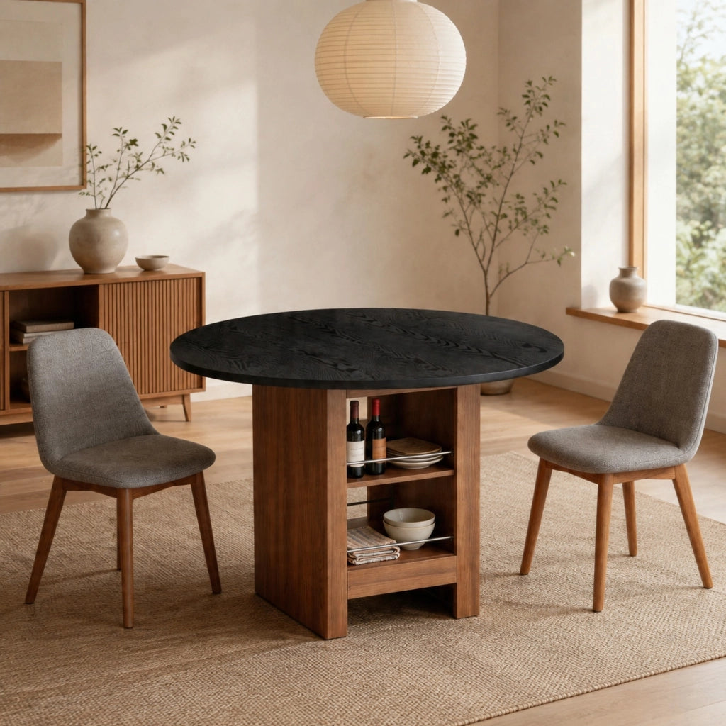 Tavolo da pranzo rotondo con vani contenitore in MDF nero effetto noce, diametro 100 cm, altezza 76 cm