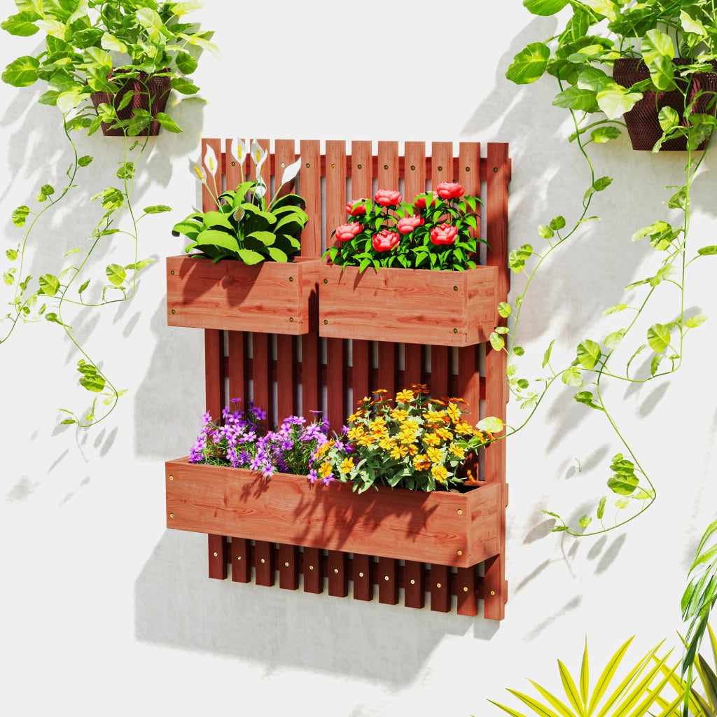 Jardinera da Parete in Legno con Griglia e 3 Vasi Mobili ¨C zephmum ¨C 60x16x80 cm Marrone