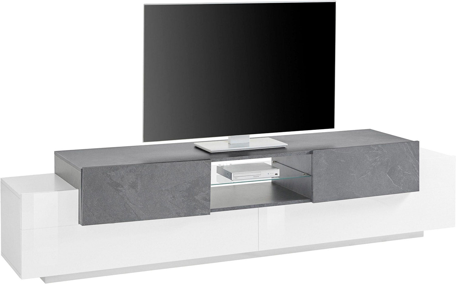 Mobile TV 4 Ante 220x40-45x51 cm New Coro Bianco Lucido e Acero Pereira