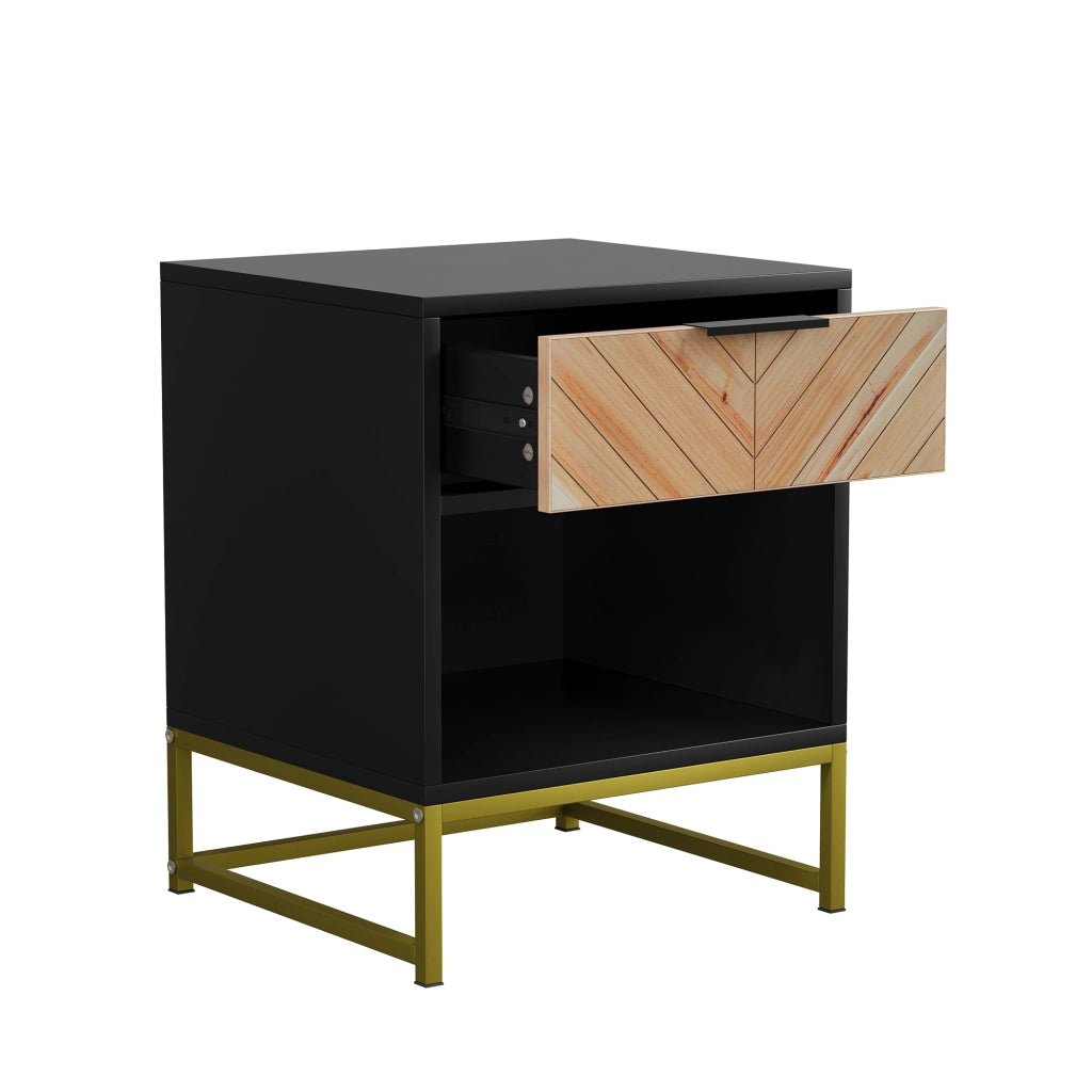 TAVOLINO NOTTE 43x40x55 cm MDF Nero/Naturale con cassetto e vano aperto