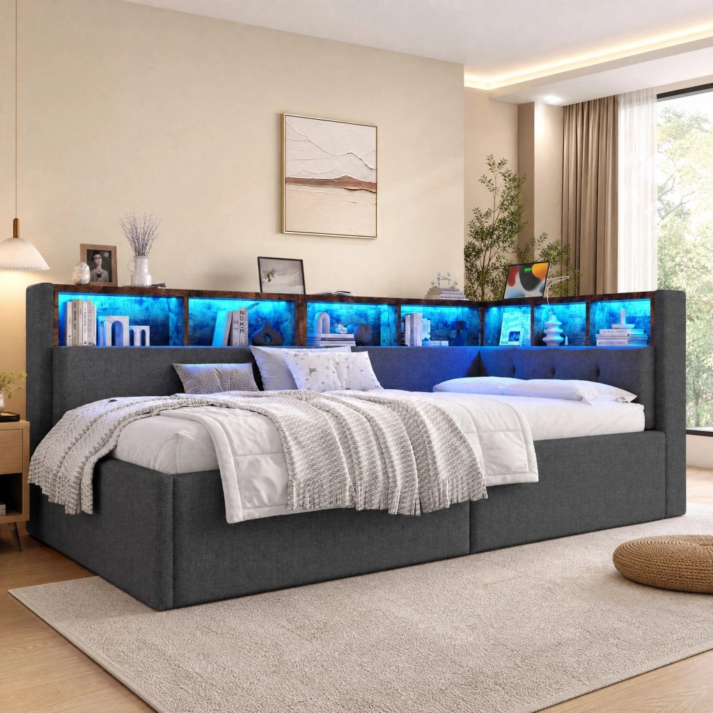 Letto da giorno 90x200 cm grigio con LED, USB e vano idraulico