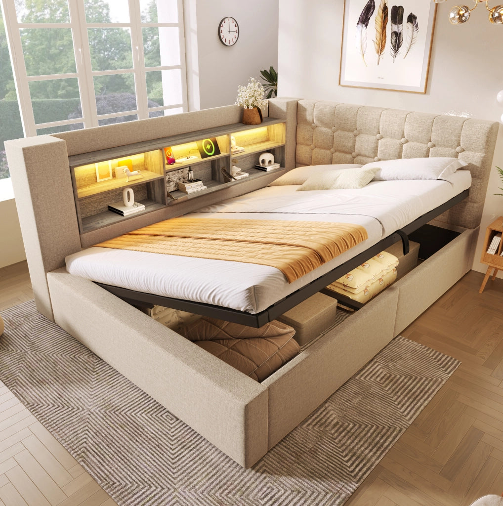 Letto matrimoniale 140x190 cm con LED; contenitore idraulico; testiera a L reversibile; beige