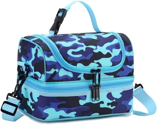 Borsa per Picnic per Bambini, Borsa da Pranzo Portatile, Compartimenti Separati, Riusabile per Ragazzi, con Cinturino Regolabile, per Scuola e Picnic, Camouflage, Blu