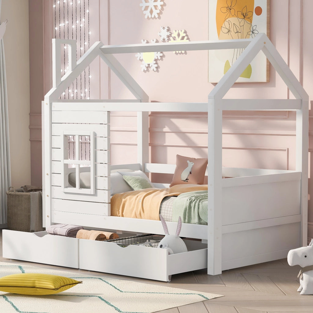 Letto per bambini in legno massello di pino bianco 80x160 cm con sponde, finestre decorative, reti a doghe e 2 cassetti contenitore