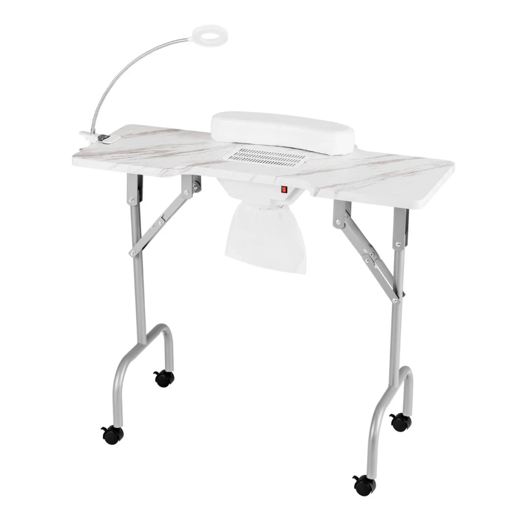 Tavolo manicure pieghevole 90 x 40 x 77 cm con aspiratore elettrico e moderna lampada LED in metallo bianco 20_0014011