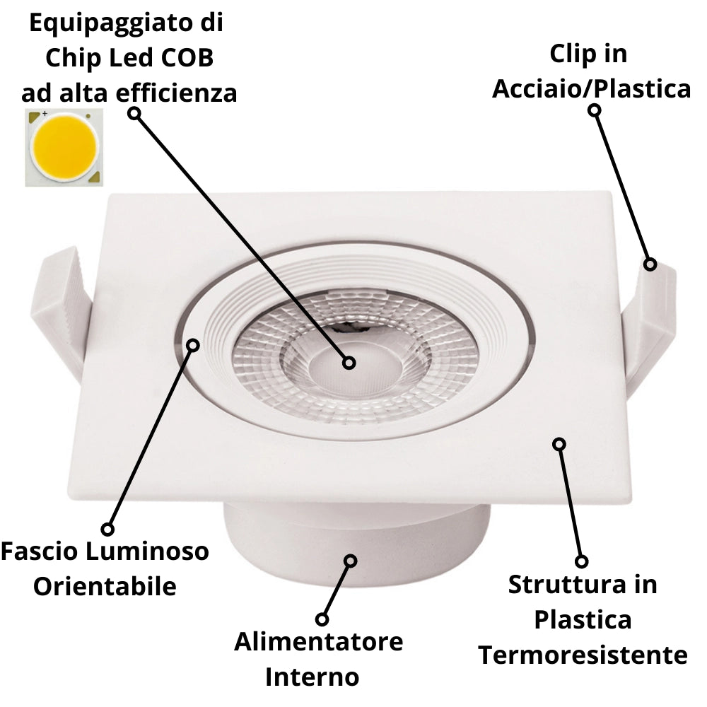 Faretto led incasso orientabile quadro soffitto 7watt driver incluso *** temperatura colore lampada 6000k bianco fred...