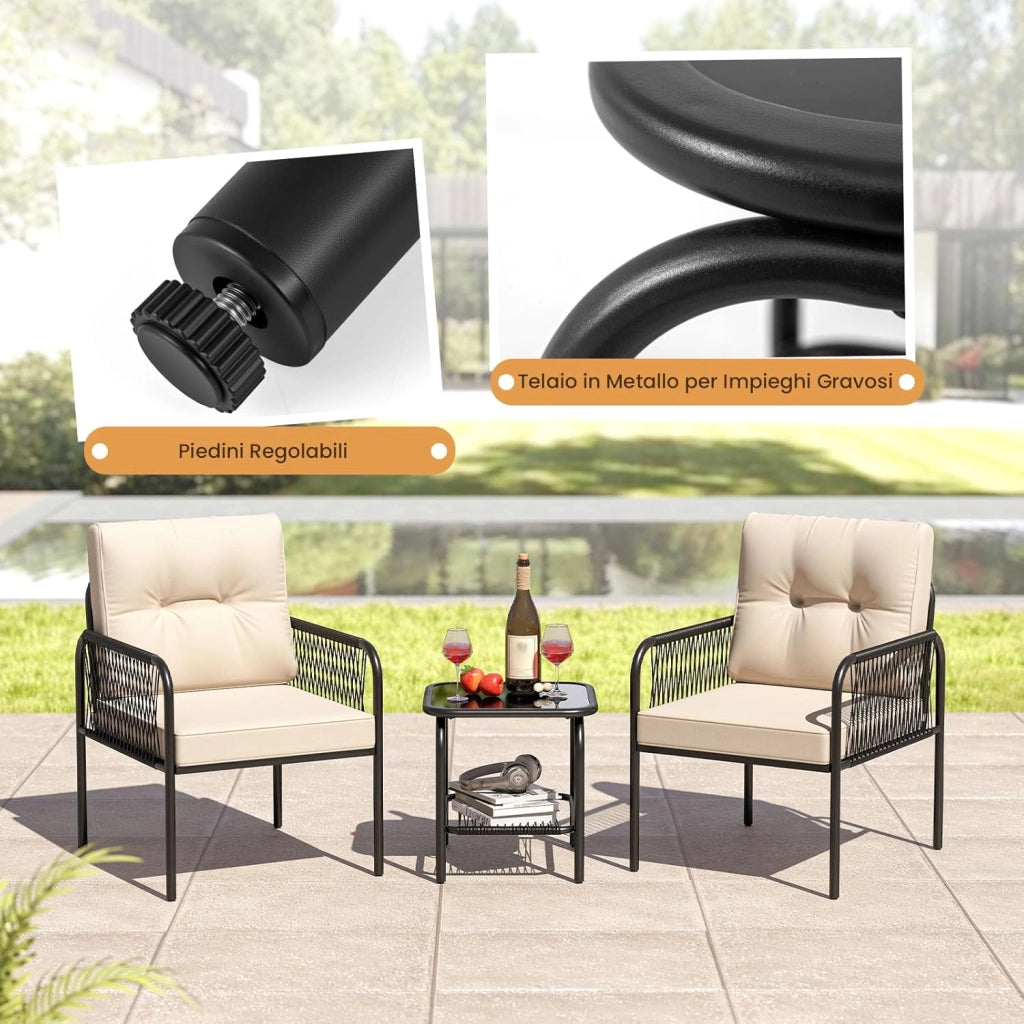 3 Pezzi Set di Mobili da Esterno in Rattan PE, con Tavolino in Vetro Temperato, Cuscini per Schienale e Seduta, Set da Conversazione per Giardino, Veranda, Cortile e Piscina, Beige e Nero