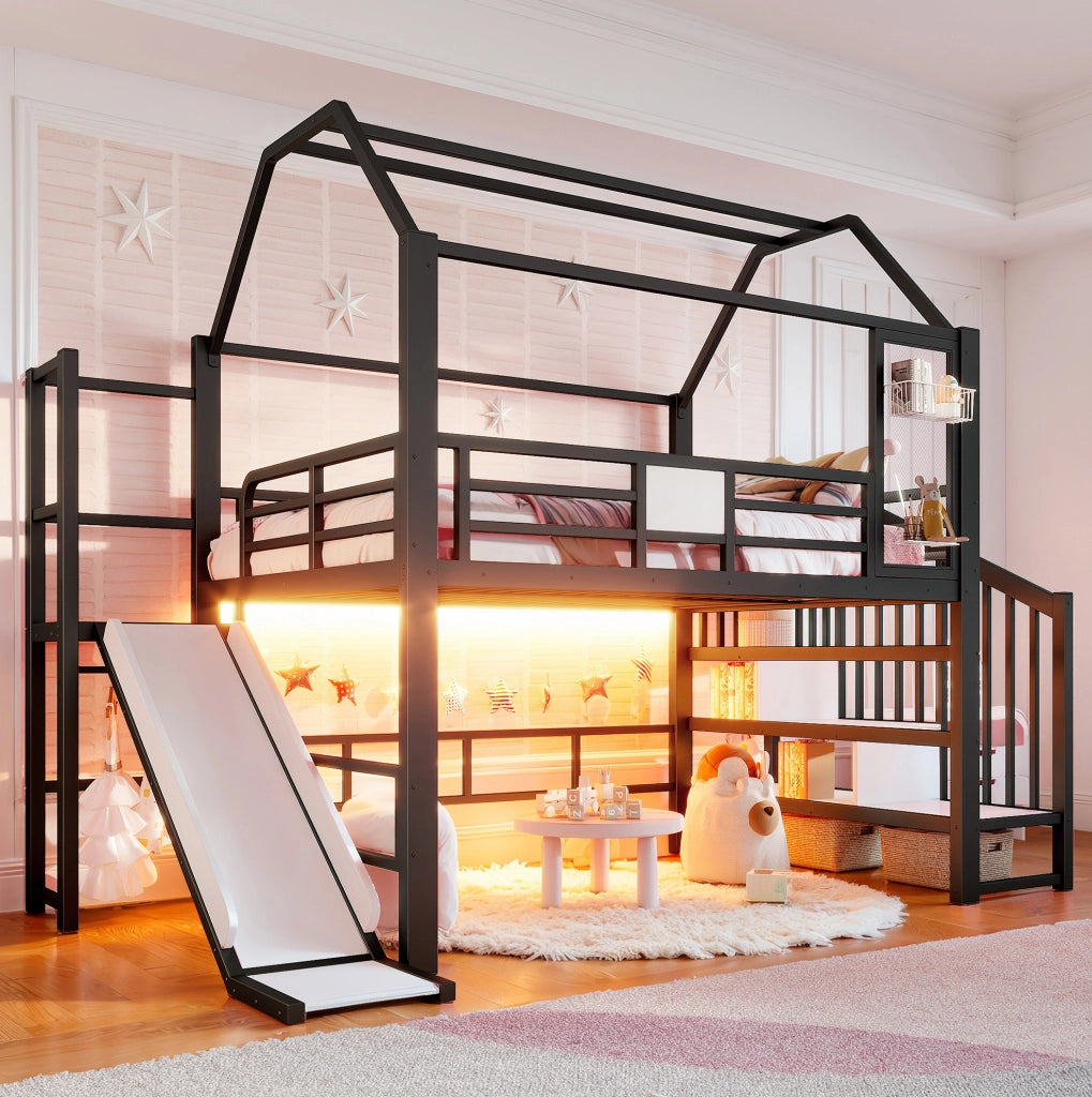 Letto a soppalco per bambini 140x200 cm con scivolo e LED Bluetooth in metallo nero