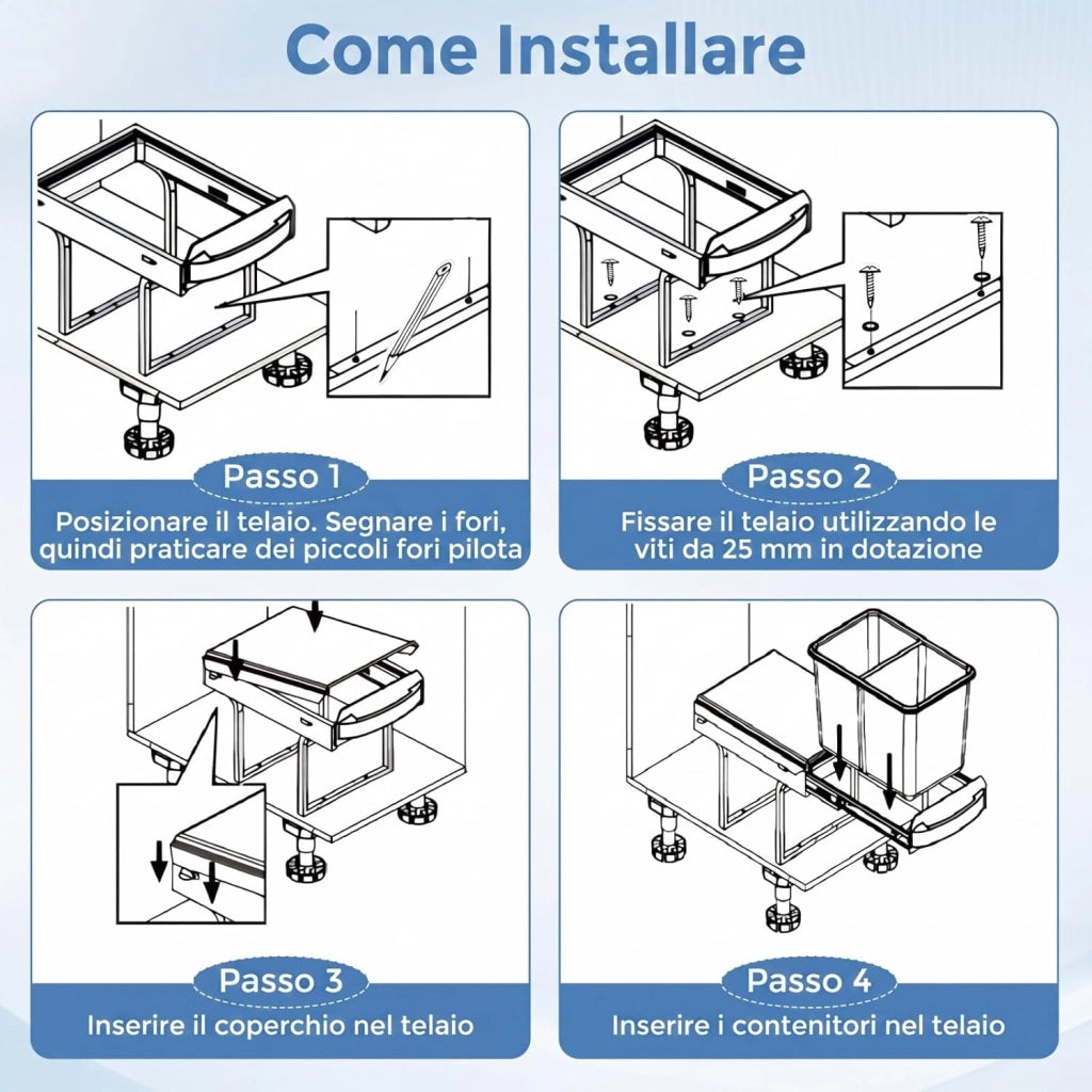 Pattumiera Estraibile Sottolavello, Pattumiera Differenziata con 2 Scomparti Rimovibili 20+20 L, Bidone della Spazzatura per Cucina, 51,5 x 34 x 41,5 cm