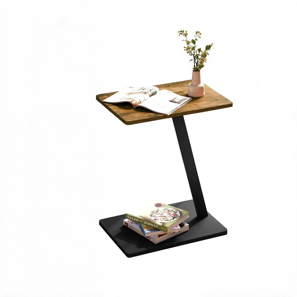 Tavolino basso a C per divano e letto multifunzionale con piano in MDF e metallo nero vintage 48 × 64,5 × 33 cm