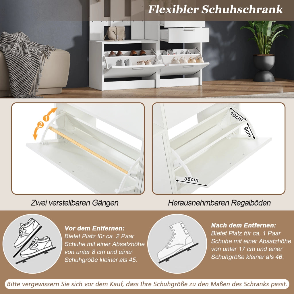 Mobile da ingresso multifunzione con specchio, 2 cassetti, scarpiere a ribalta in MDF bianco 110 × 34 × 185 cm
