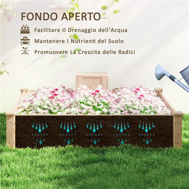 FIORIERA DA ESTERNO IN LEGNO DI ABETE CON COMPOSTIERA E FONDO APERTO 123X123X25.5 CM COLOR LEGNO