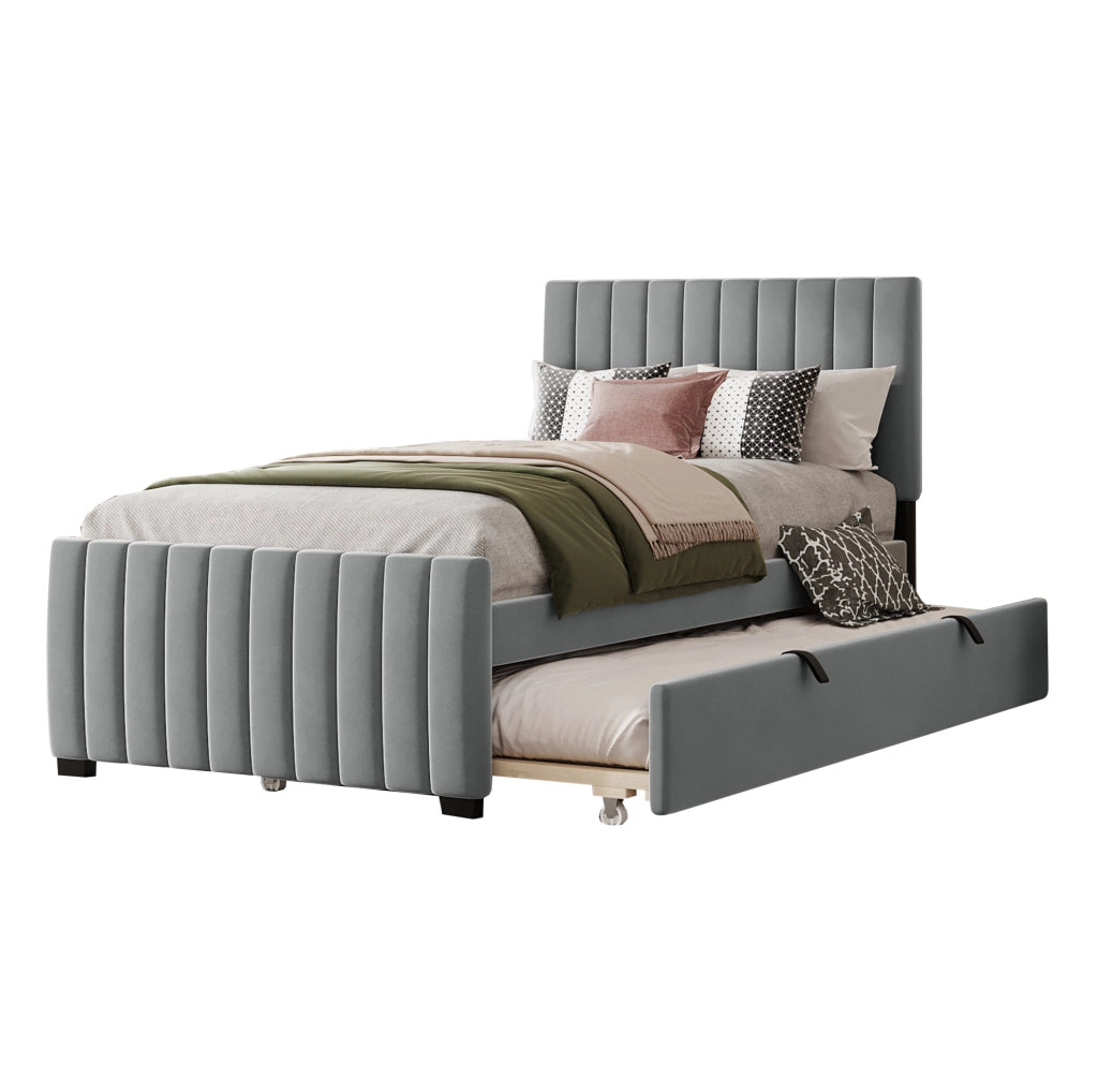 Letto singolo imbottito con letto estraibile 90x190 cm in MDF; metallo e velluto grigio