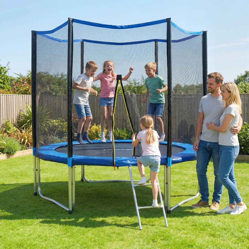 Trampolino Ø305x248 cm con Rete di Protezione e Scaletta per Esterni in Acciaio e PP Blu