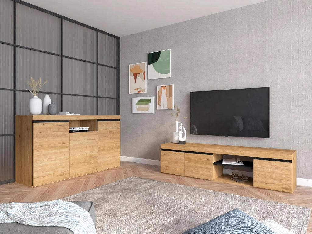 Mobile TV mod NATURALE , 160x40x41cm, colore Rovere e Nero, 2 porte e 2 comparti RF891