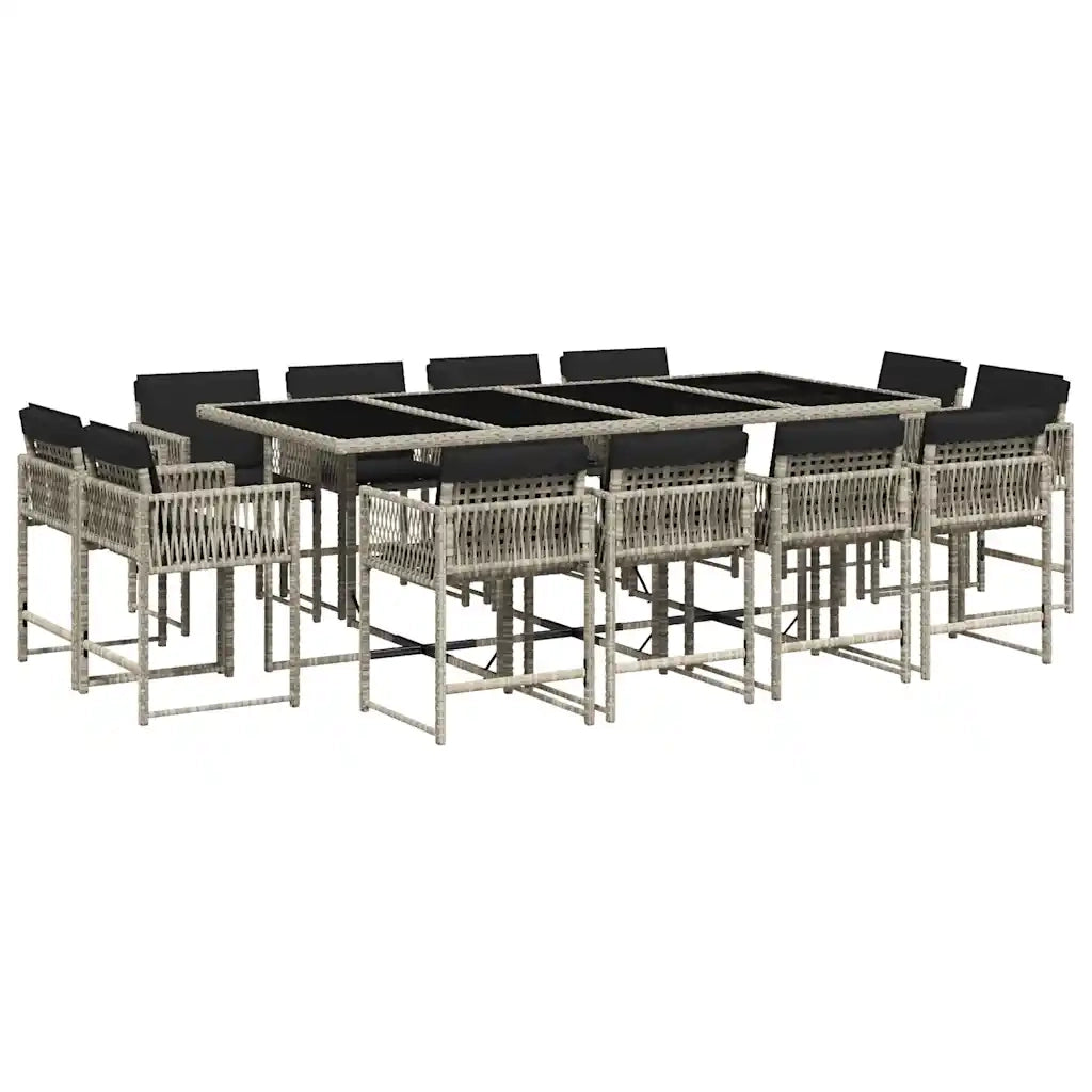 Set da Pranzo da Giardino 13pz con Cuscini Grigio in Polyrattan