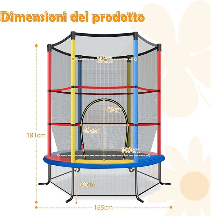 Trampolino Elastico Bambino in Acciaio, Tappeto Elastico Bambini da Esterno e da Interno, con Rete e Cusicnetti Antiscivolo