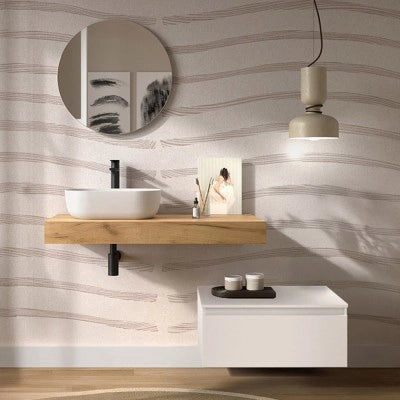 Composizione bagno con mensolone 120 cm rovere africa e cassettiera sospesa 80 cm in bianco opaco - Sumo