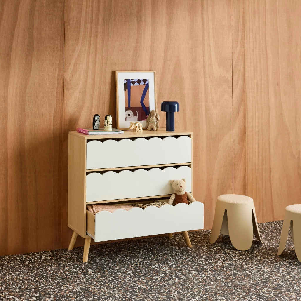 Cassettiera per bambini effetto legno 3 cassetti, bianco