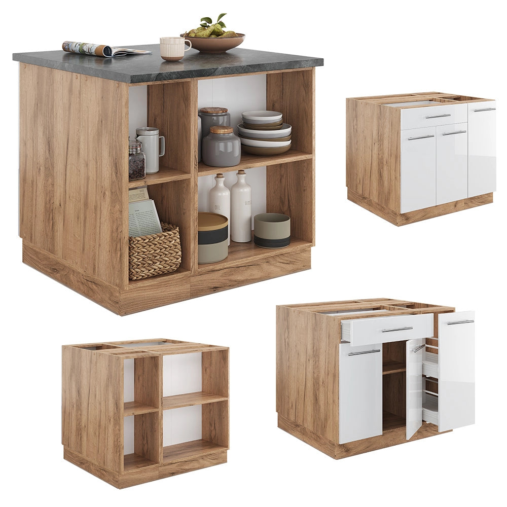 Isola cucina Fame-Line Bianco lucido/Rovere dorato 90 cm con cassetto, senza piano di lavoro Vicco