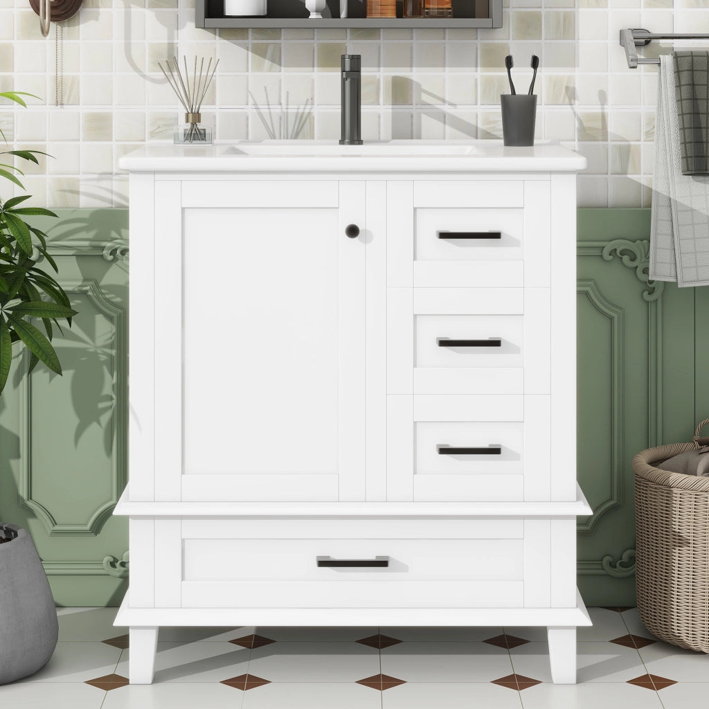 Mobile sottolavabo con lavabo in ceramica, 3 cassetti e ripiano interno, per bagno, bianco, 76 × 46 × 83,5 cm