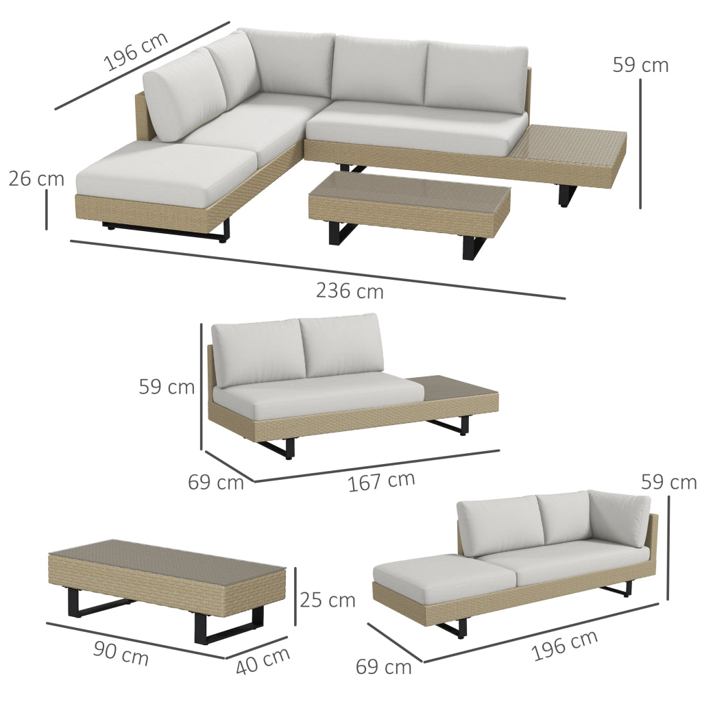 Divano Angolare 5 Posti con Tavolino ¨C Zephmum ¨C Beige, Polyrattan, Acciaio