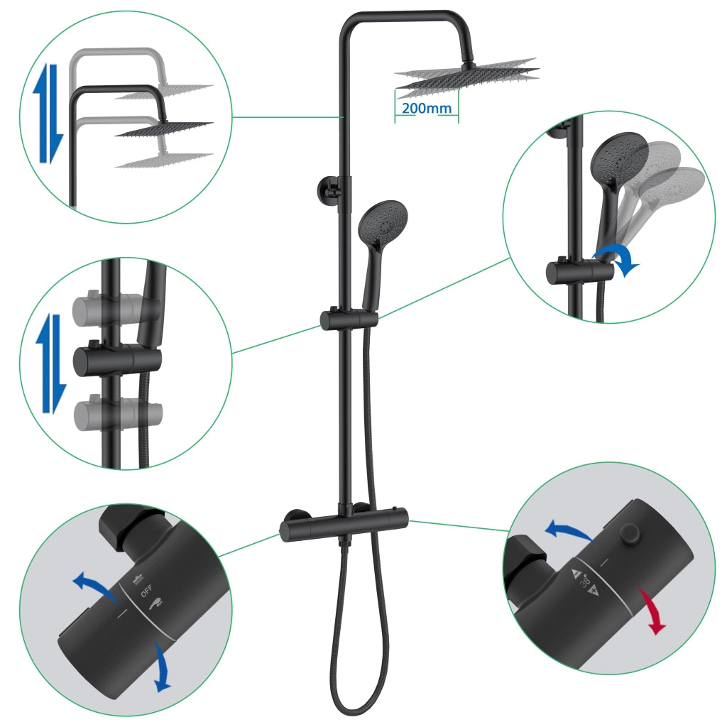 AICA Set Doccia Completo Nero con Soffione Quadrato, Doccetta, Rubinetto e Saliscendi Tondi, Miscelatore Termostatico Doccia