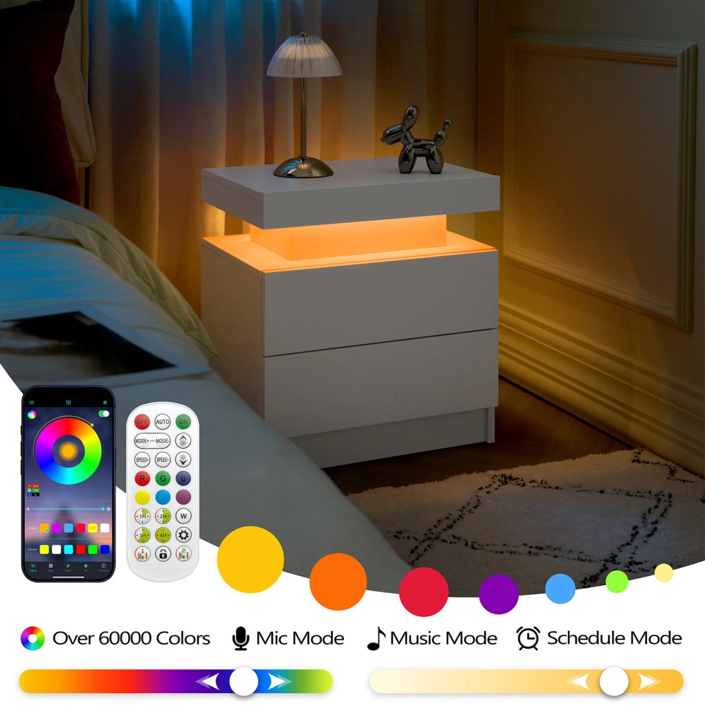 Comodino Moderno con Luci LED Regolabili e 2 Cassetti, Bianco