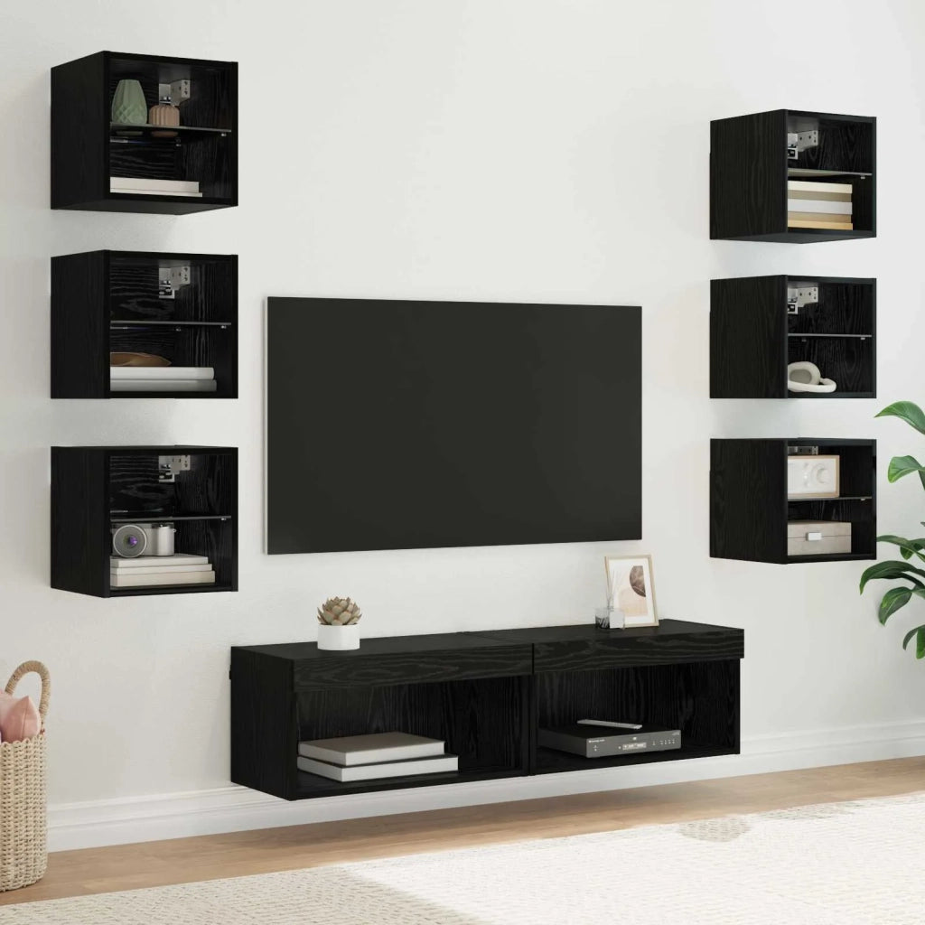 Mobile TV con luci a strisce a LED 8 pz-Credenza TV-Console TV Rovere Nero Vetro