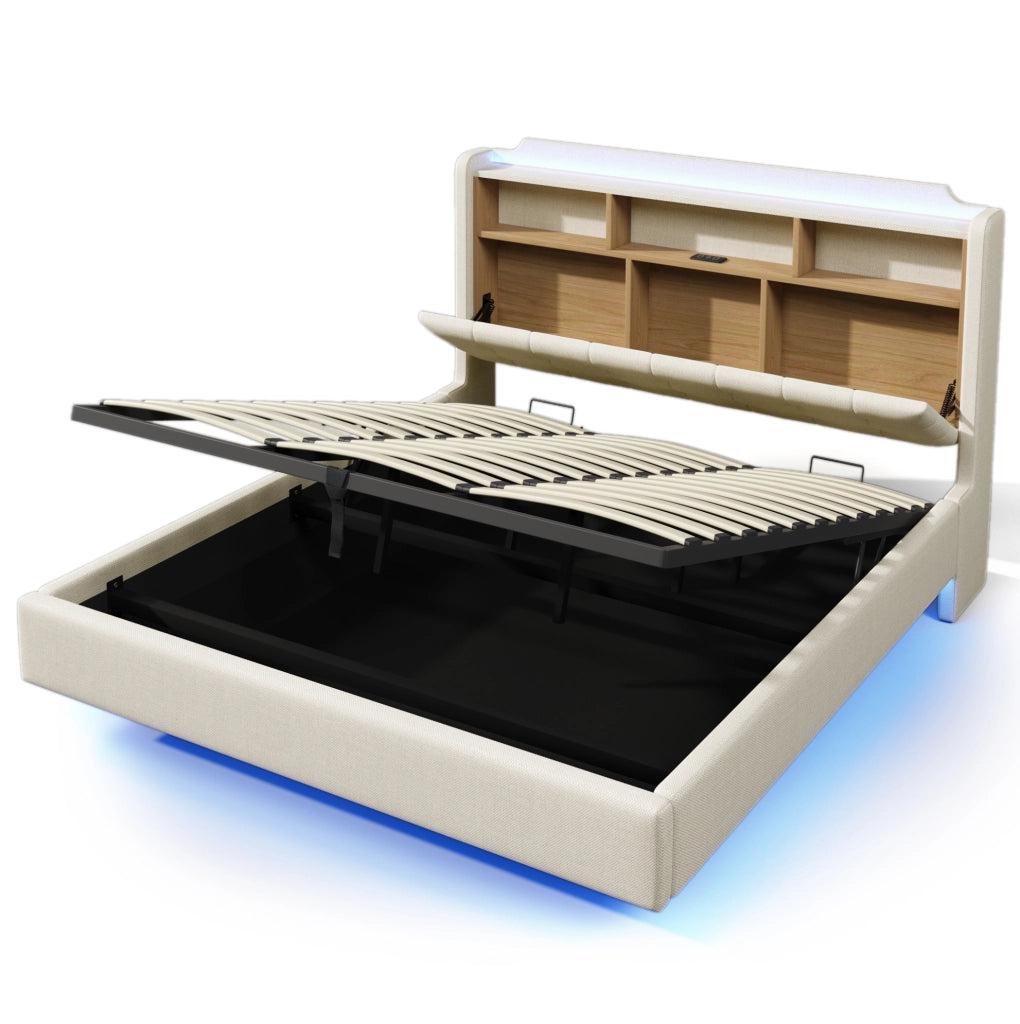 Letto imbottito 180x200 cm con illuminazione LED; spazio contenitore idraulico; in lino e MDF; beige