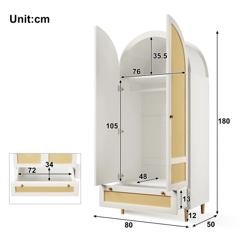 Armadio, design ad arco, stile intrecciato, con cassetti, 80x50x180 cm, bianco e color legno naturale
