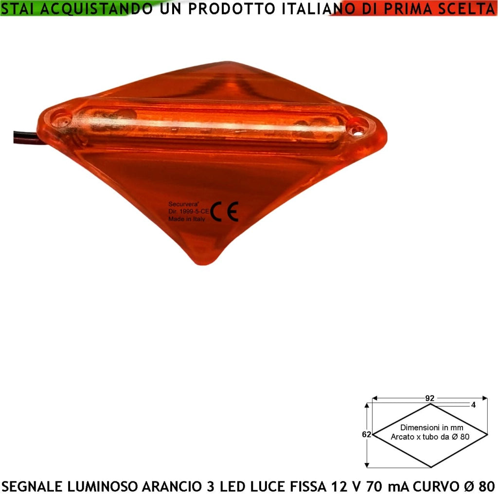 Luce Arancione 3 Led alta Luminosità Luce Fissa Basetta Trapezio Curva Aliment. 12 Vcc Assorb. 70 mA in Metacrilato IP44 Per Asta Ø 80 mm Barriera Segnale Ingombro Allarme Ponteggio Demarcazione