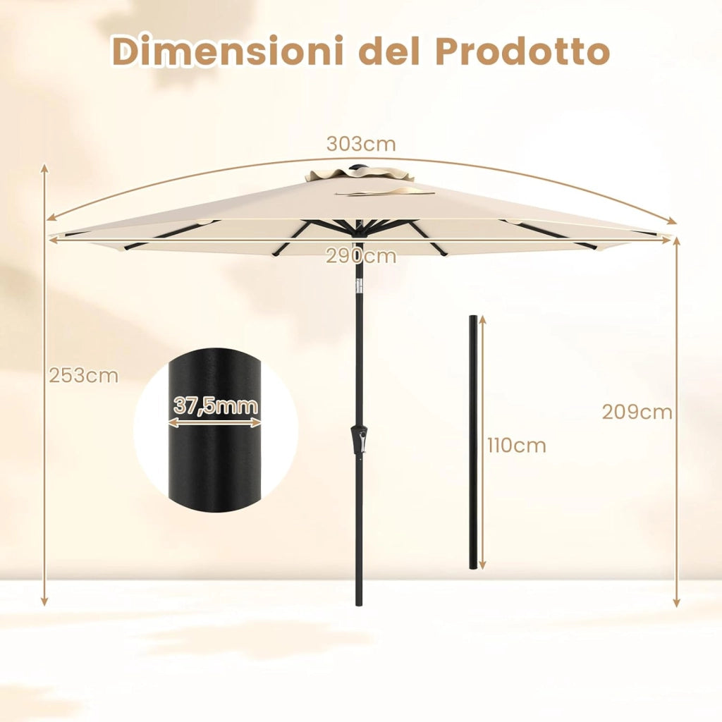 Ombrellone da Giardino 290 cm, con Inclinazione Regolabile, Ombrellone Esterno con 8 stecche Manovella, per Spiaggia Piscina Cortile (Beige, 290 cm 8 Stecche)