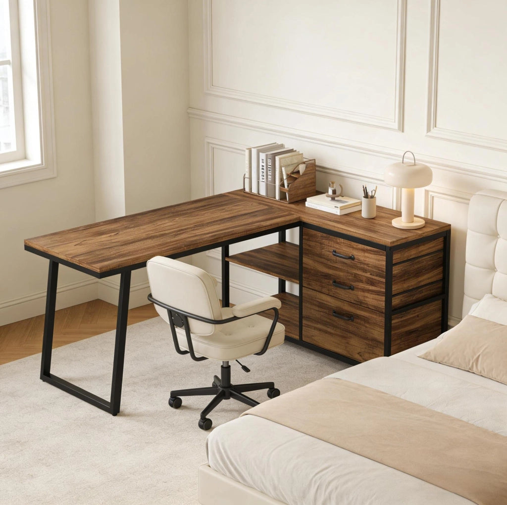 Scrivania angolare ULEVR reversibile 134x50 cm con 3 cassetti e 2 ripiani, marrone rustico e nero