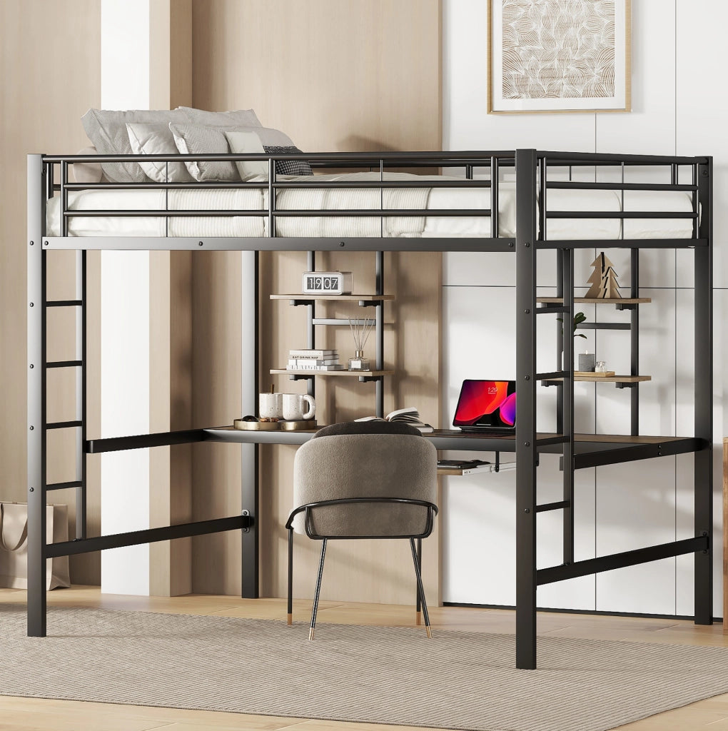 Letto a soppalco 140x200 cm nero in metallo con scrivania e 2 librerie
