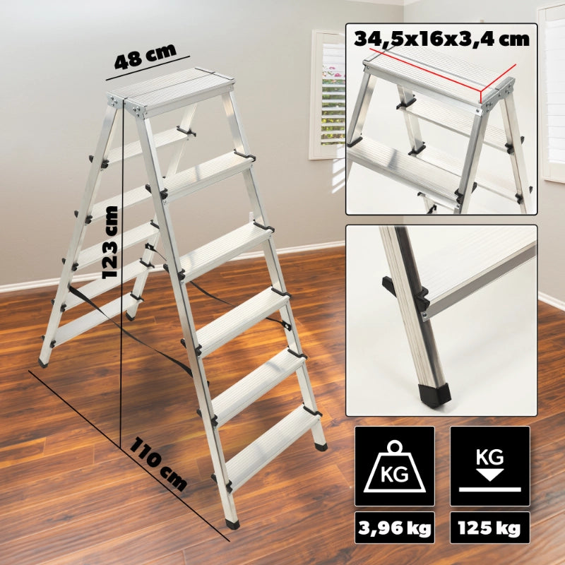 Scala in alluminio KADAX per uso domestico, 6 gradini, a doppia faccia, pieghevole