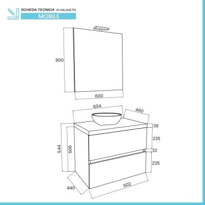 Mobile bagno sospeso 60 bianco top rovere fossile con specchio LED  Town