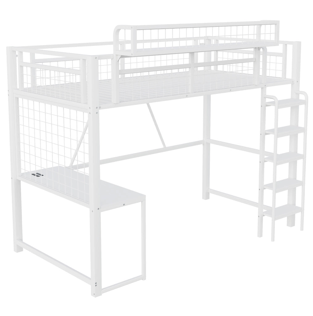 Letto a soppalco in metallo 90 x 200 cm con scrivania; LED; presa e scala; bianco