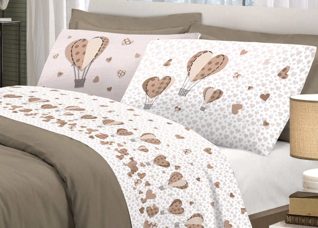 Completo Lenzuola Linea Pensieri Delicati 100% Cotone Disegno Mongolfiera - Singolo - Beige