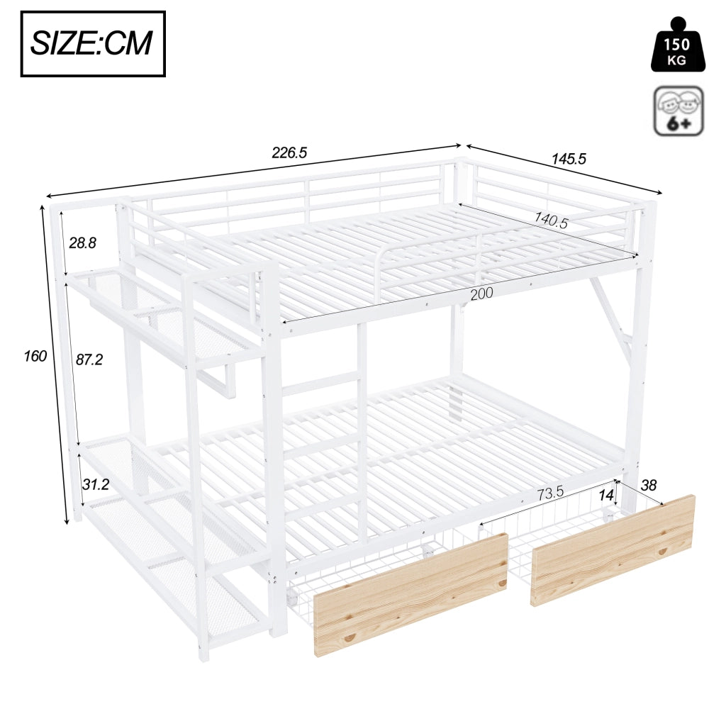 DESMIU Letto a Soppalco 2 Posti con 2 Cassetti, Ripiani e LED Regolabile 140 × 200 cm, Senza Materasso