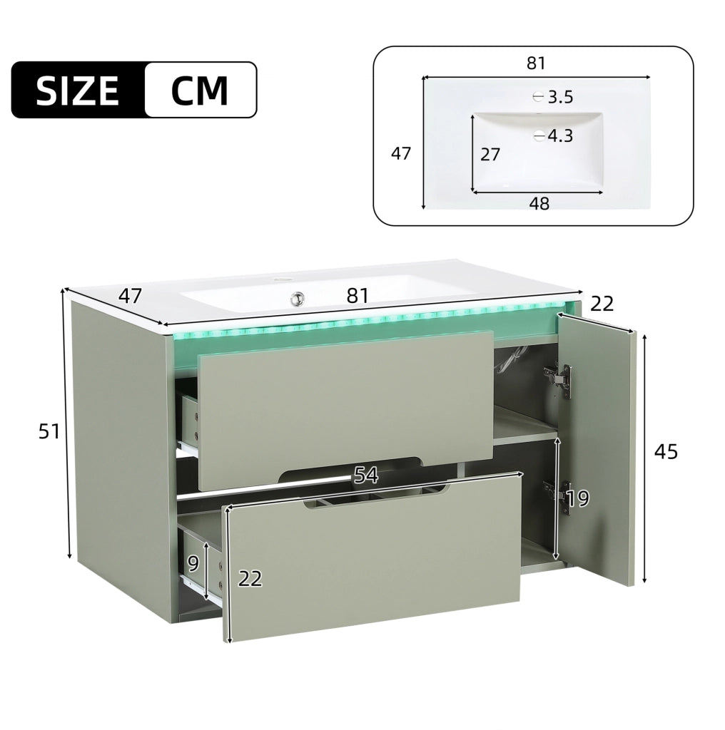 Mobile bagno sospeso 81 cm con lavabo in ceramica, LED e ante verdi