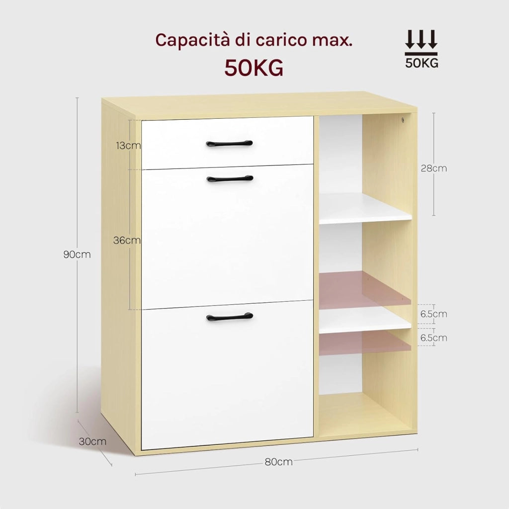 Scarpiera a Ribalta, Scarpiera da ingresso con Ripiani Aperti, Porta Scarpe con Cassetto, Organizer per Scarpe, Stivali, Bianco + legno naturale, 80x30x90cm