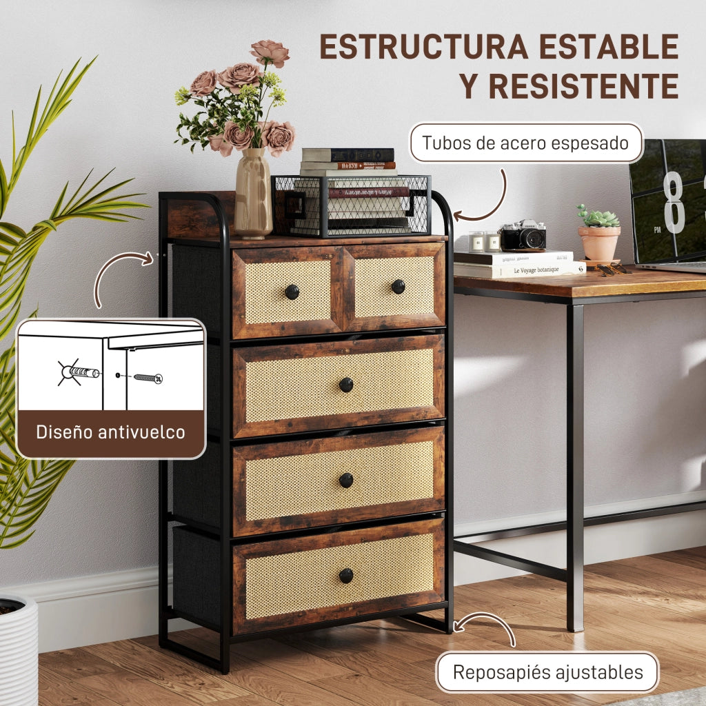 Comodino con 5 cassetti ¨C zephmum ¨C marrone, effetto rattan, acciaio, 58x29x99 cm