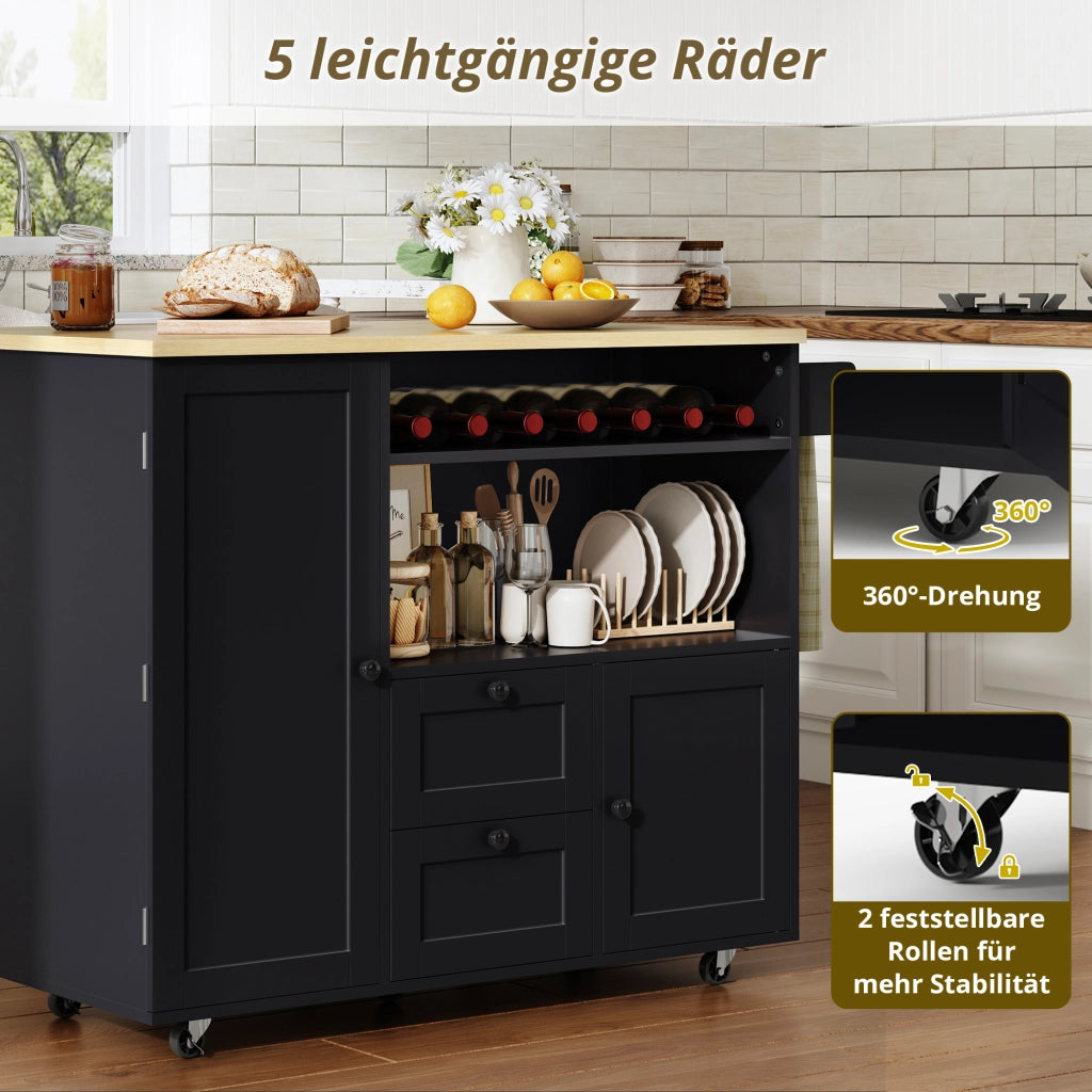 CARRELLO ISOLA CUCINA 104x45(69)x89 cm in MDF Natural/Black, piano ribaltabile