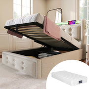 LETTO Contenitore 90x200 cm Beige in cotone-lino con materasso incluso, LED e USB