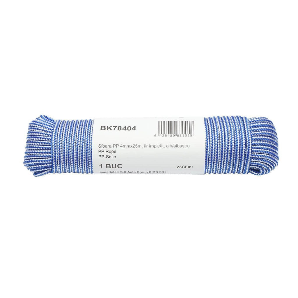 Corda PP intrecciata 4 mm x 25 m, bianca/blu, Corda multiuso in polipropilene Breckner Germany