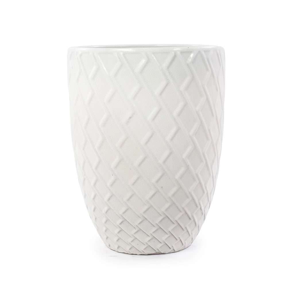 Fioriera a più livelli in ceramica lucida bianca con motivo a rombi per piante grandi da interno e giardino 42 × 54 cm