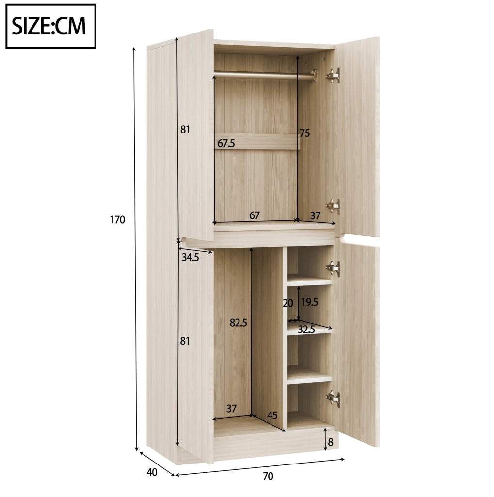 Armadio 70x40x170 cm con doppia porta e ampio vano; legno; naturale