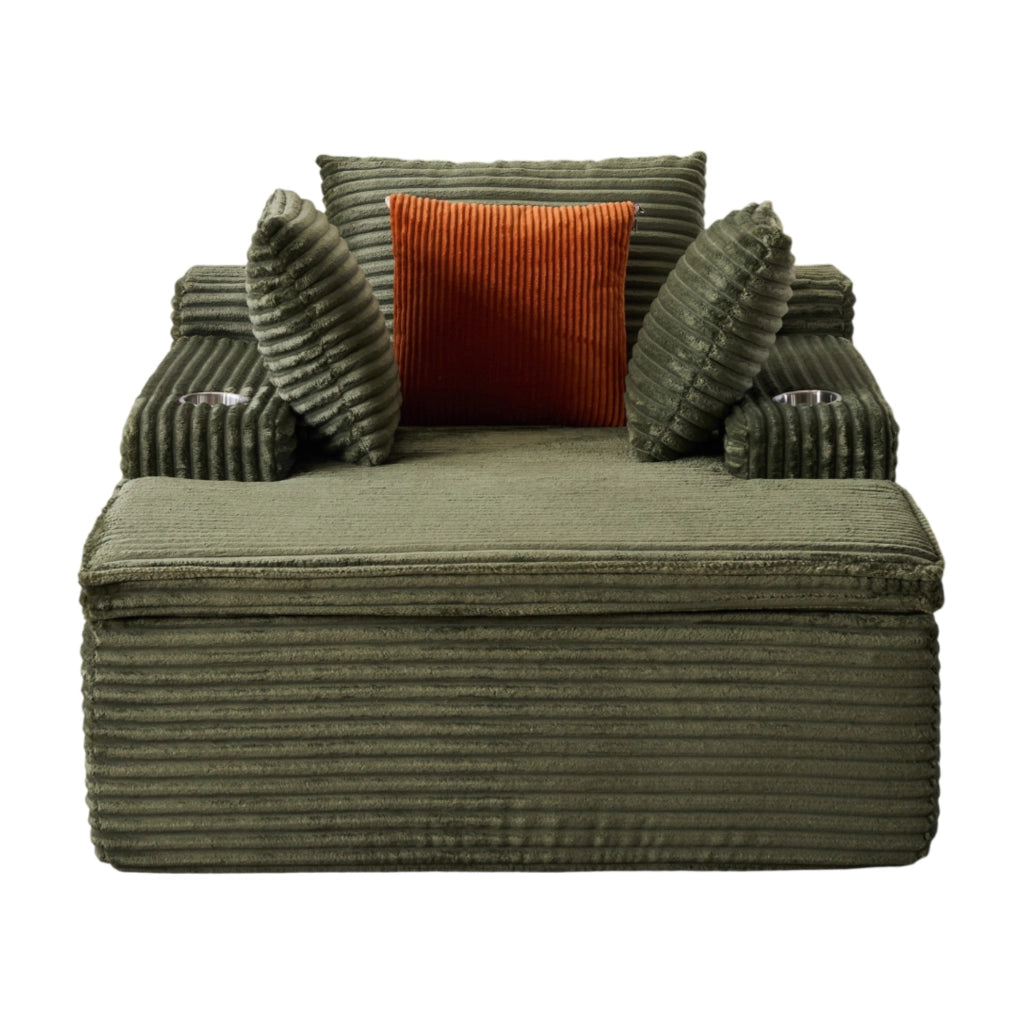 Divano letto da pavimento con chaise longue in velluto a coste verde; 3 cuscini e coperta 2 in 1