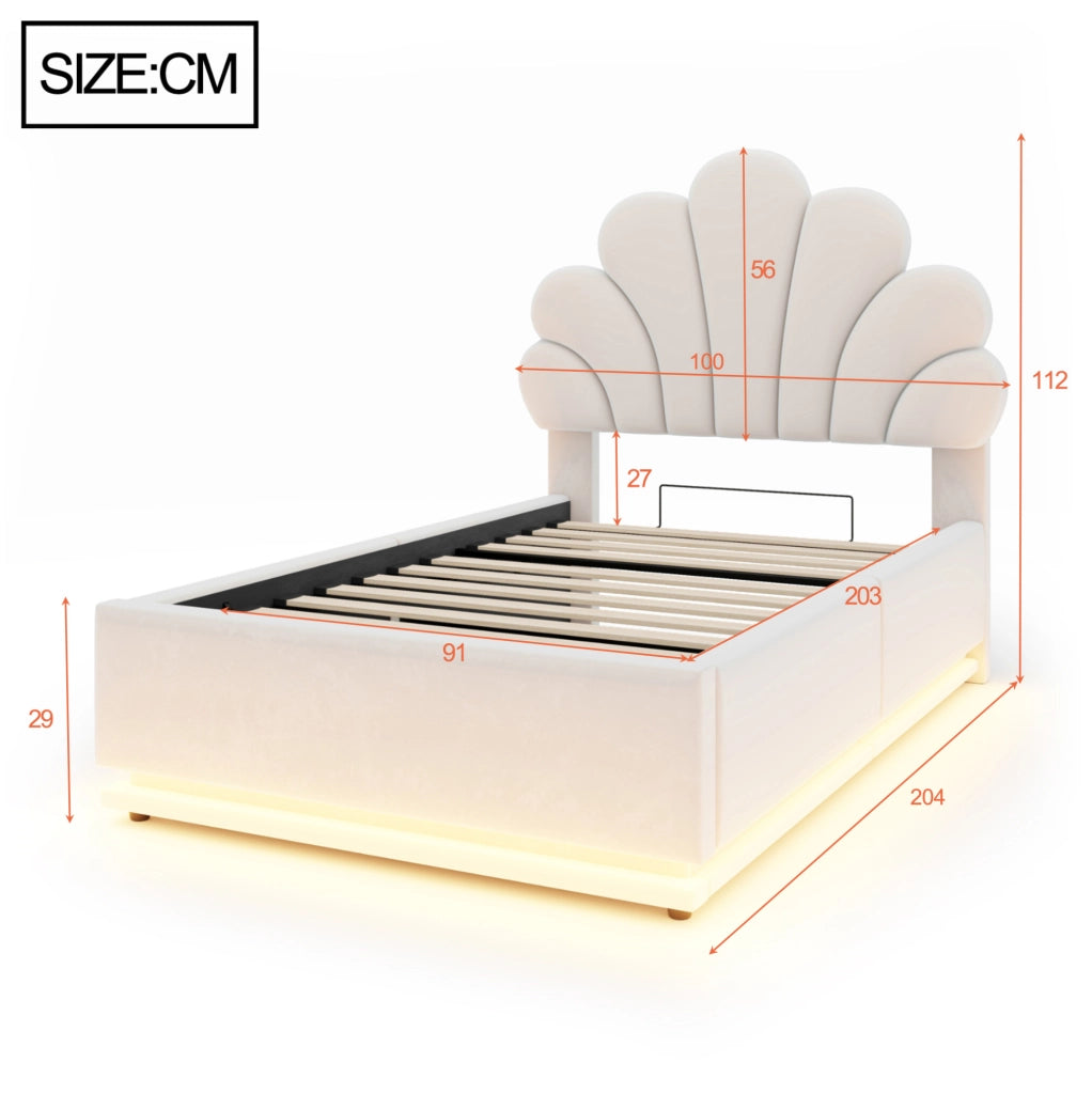 Letto imbottito beige 90 x 200 cm con contenitore idraulico e luci LED